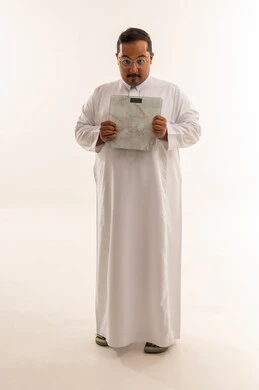 Overweight Saudi Man Holding Scale on White Background