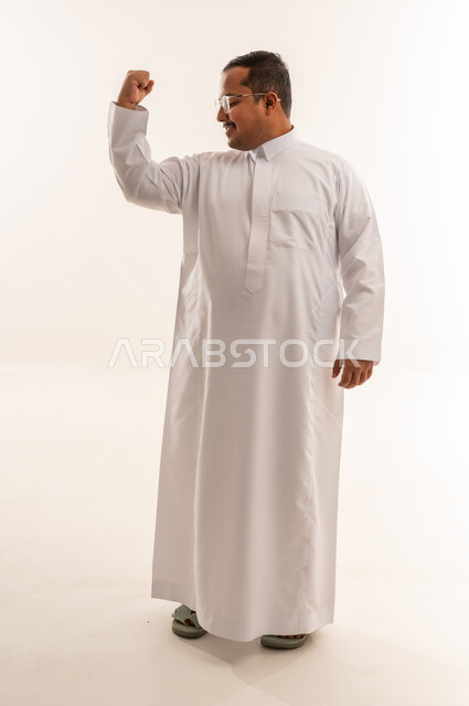 Overweight Saudi Man Flexing Bicep on White Background