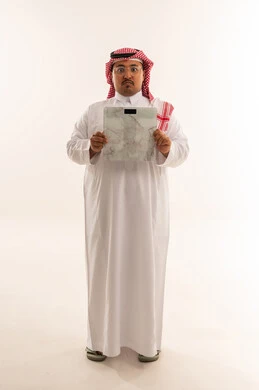 Overweight Saudi Man Holding Weight Scale in Studio