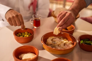 Traditional Arabic Breakfast with Eggs and Olives