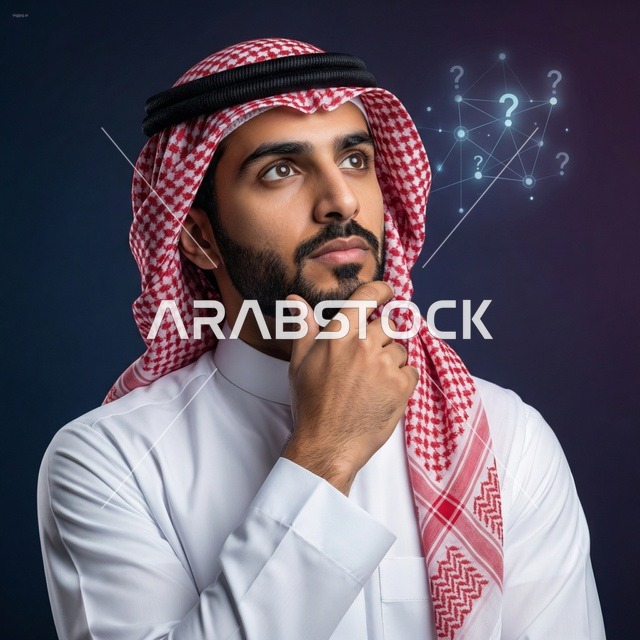 Saudi Man in Thobe Thinking with Digital Question Marks