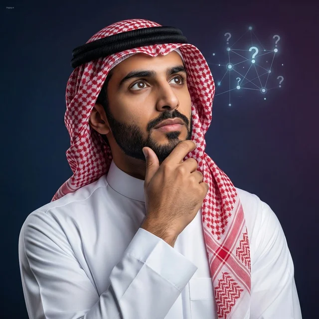 Saudi Man in Thobe Thinking with Digital Question Marks