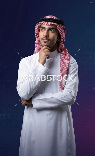 رجل سعودي بالثوب والشماغ في وضعية تفكير