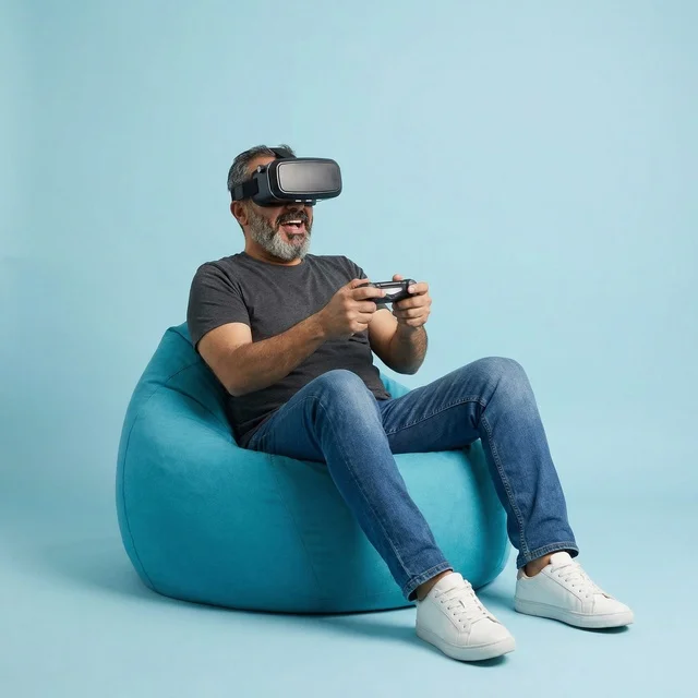 رجل يرتدي نظارة واقع افتراضي على مقعد محشو