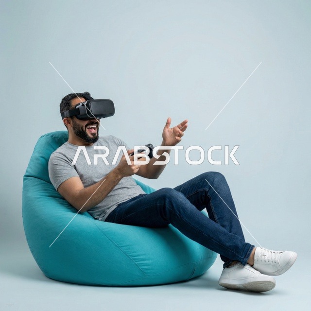 رجل عربي يلعب ألعاب الواقع الافتراضي بحماس