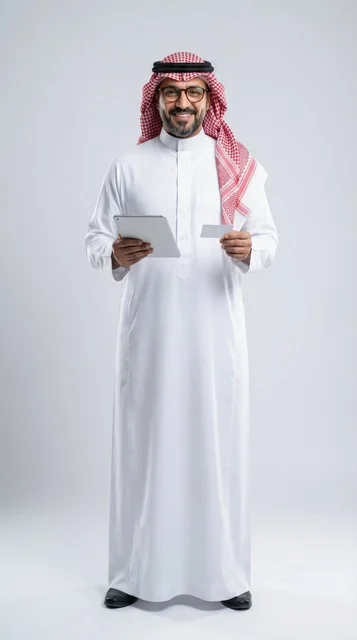 رجل سعودي مع جهاز لوحي وبطاقة بنكية بخلفية بيضاء