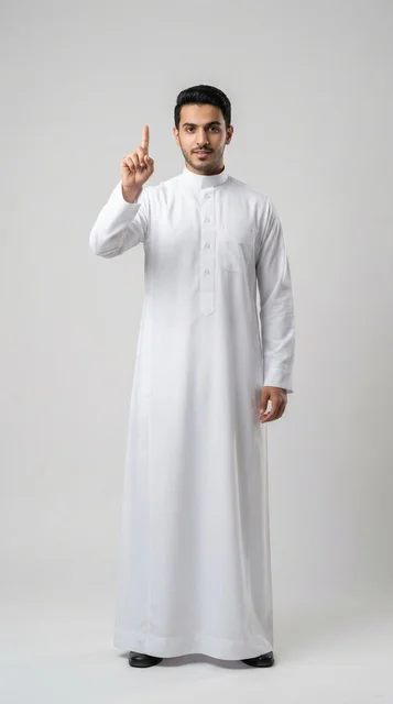 رجل سعودي بالثوب التقليدي يشير بإصبعه للأعلى
