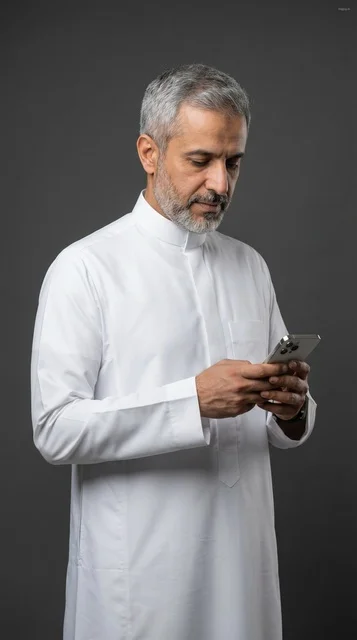 رجل سعودي بمنتصف العمر يرتدي الثوب ويستخدم الجوال