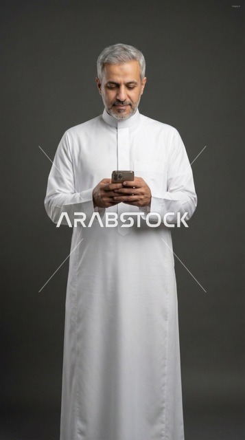 رجل سعودي بالثوب الأبيض يستخدم الهاتف الذكي