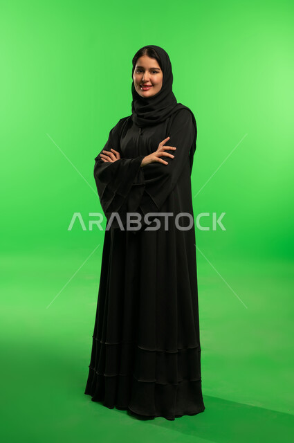 Saudi Woman in Black Abaya on Green Screen Chroma Key