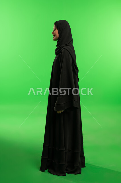 Saudi Woman Wearing Black Abaya on Green Screen Profile