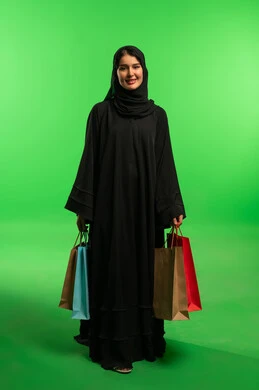 Saudi Woman with Shopping Bags on Chroma Key Background