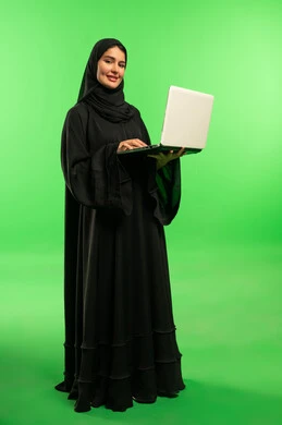 Saudi Woman Holding Laptop on Green Screen