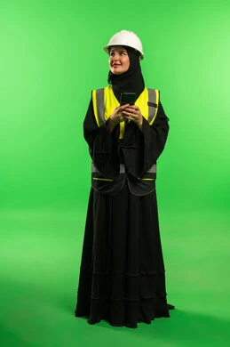 Saudi Female Engineer with Hard Hat on Green Screen