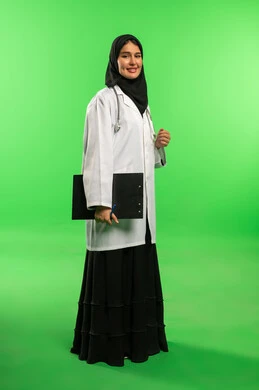 Saudi Female Doctor on Green Screen with Clipboard