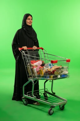 Saudi Woman Shopping Cart Green Screen Background