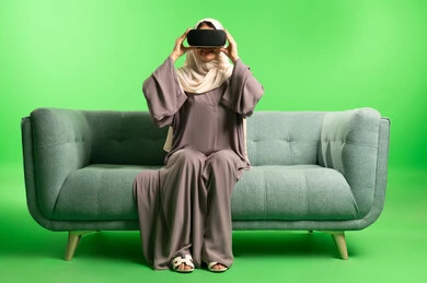 Saudi Woman Using VR Goggles on Green Screen