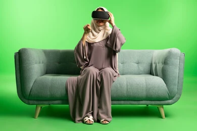 امرأة سعودية ترتدي نظارة واقع افتراضي بخلفية خضراء