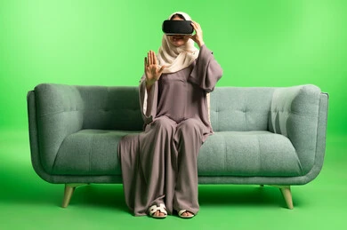 Saudi Woman with VR Headset on Green Screen