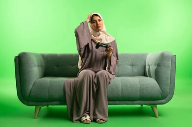 امرأة سعودية مع جهاز تحكم ألعاب بخلفية خضراء