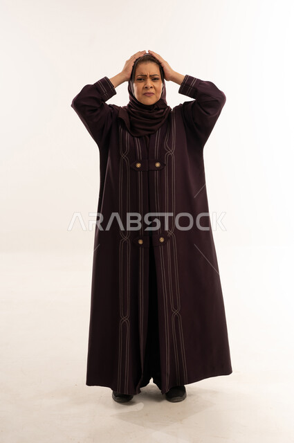 Saudi Woman in Abaya with Headache on White Background