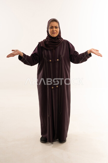Confused Arab Woman in Abaya on White Background