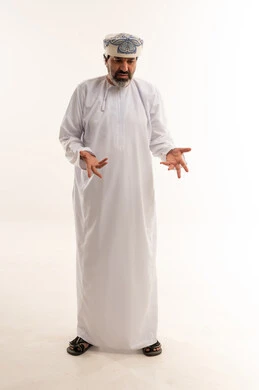 Omani Man Gesturing with Confused Expression on White