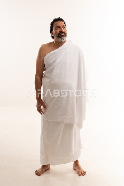 Arab Man in Ihram Clothing on White Background