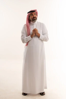 Saudi Man in Thobe Thinking on White Background