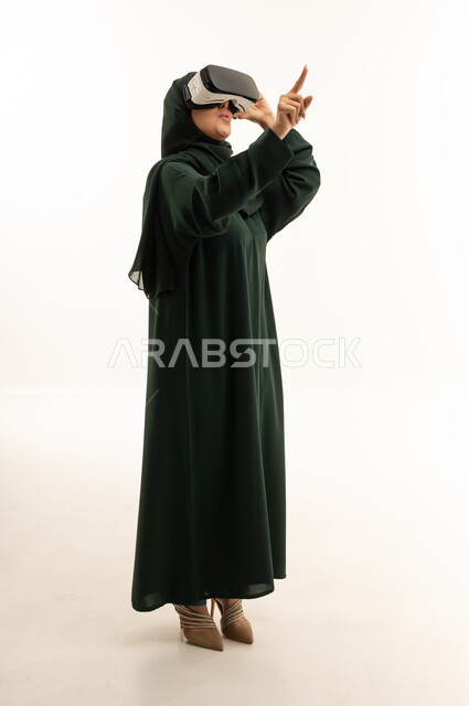 Arab Woman Wearing VR Headset on White Background