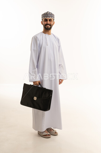 Omani Businessman with Briefcase on White Background