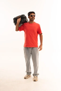 Arab Man Carrying Black Suitcase on White Background