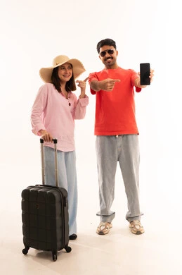Arab Couple Travelers Holding Smartphone with Suitcase