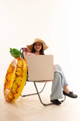 Arab Woman with Beach Chair and Blank White Board
