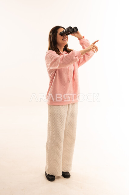 Arab Woman with Binoculars on White Background