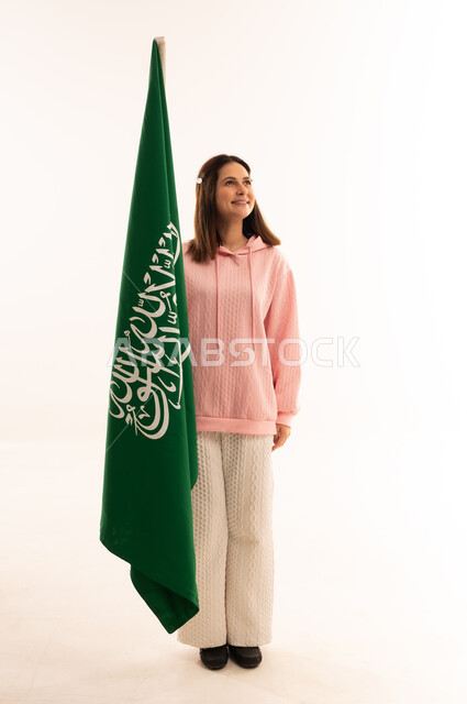 Saudi Woman with National Flag on White Background