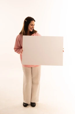 Woman Holding Blank White Poster on White Background