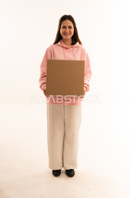 Arab Woman Holding Delivery Box on White Background