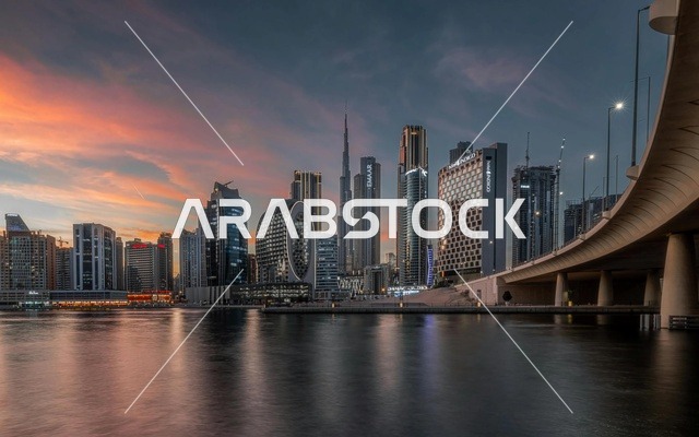 Dubai Skyline and Water Canal at Sunset UAE