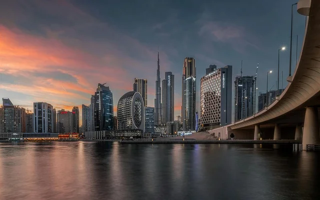 Dubai Skyline and Water Canal at Sunset UAE