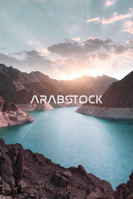 Scenic view of Hatta Dam in Dubai, United Arab Emirates, featuring turquoise waters surrounded by the Hajar Mountains under warm golden hour light.