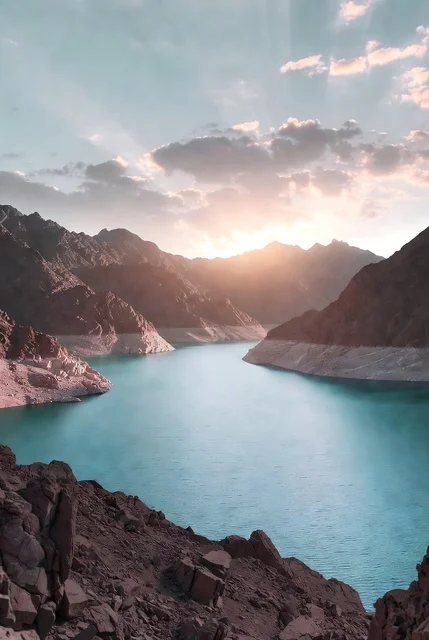 Scenic view of Hatta Dam in Dubai, United Arab Emirates, featuring turquoise waters surrounded by the Hajar Mountains under warm golden hour light.