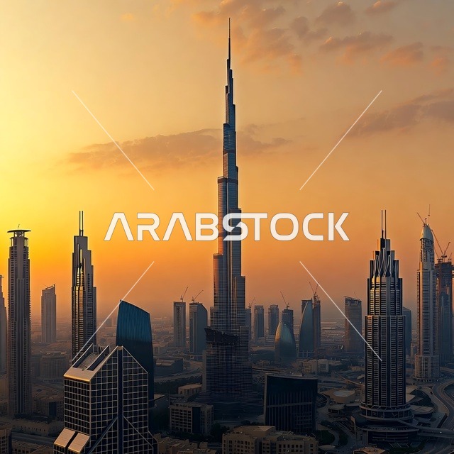 Modern Dubai skyline featuring Burj Khalifa at sunset, with warm golden light reflecting on surrounding skyscrapers under a clear sky, showcasing urban development in the United Arab Emirates.
