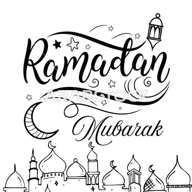 رسم خطي لمساجد مع تهنئة رمضان مبارك