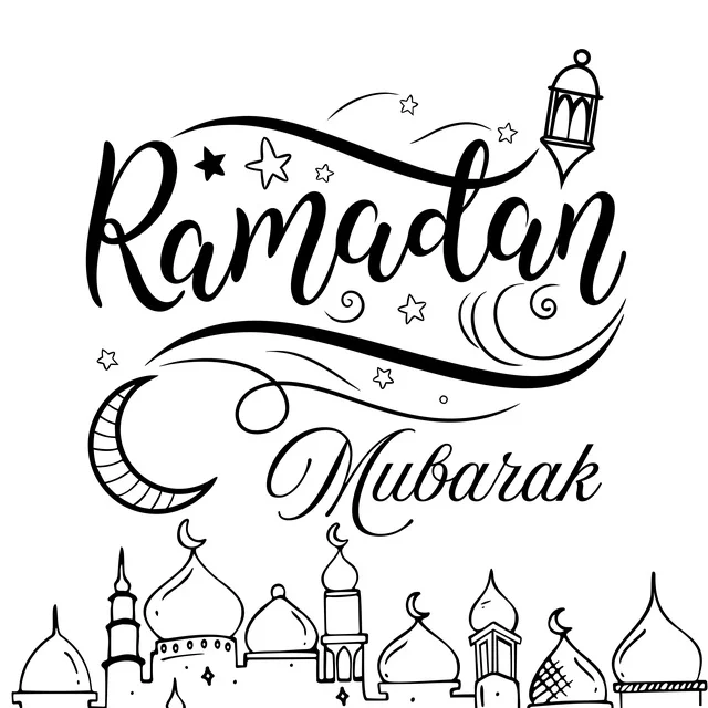 رسم خطي لمساجد مع تهنئة رمضان مبارك