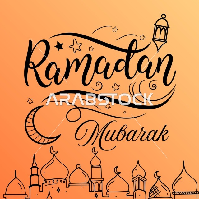 Ramadan Mubarak Mosque Illustration on Orange Background