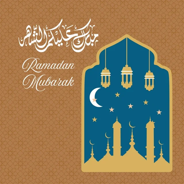 Ramadan Mubarak Greeting Card with Mosque and Lanterns