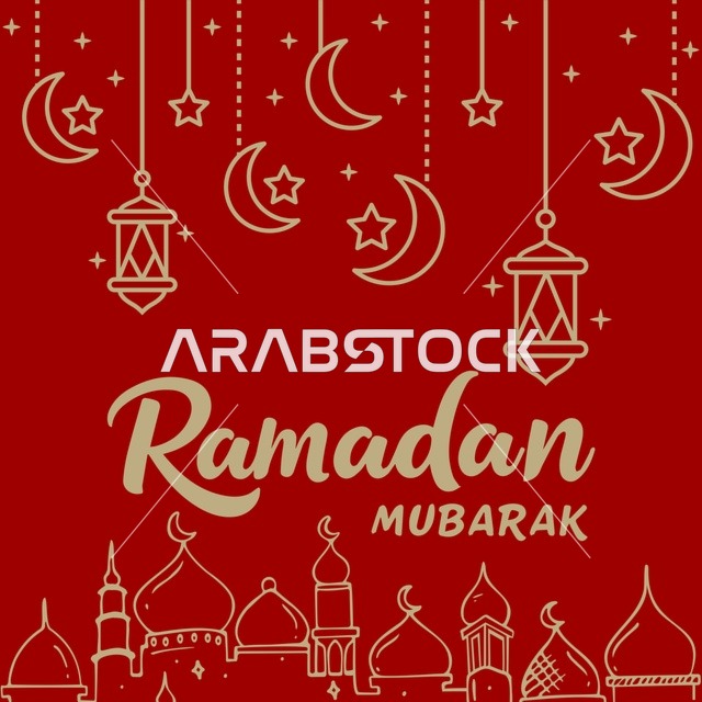 بطاقة تهنئة رمضان مبارك باللون الأحمر والذهبي