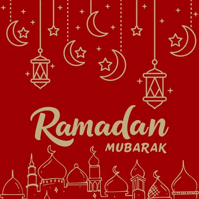 بطاقة تهنئة رمضان مبارك باللون الأحمر والذهبي