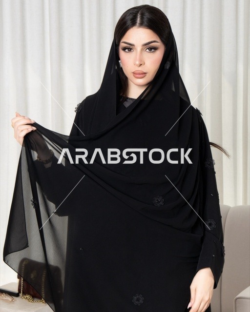 Saudi Woman in Elegant Black Abaya and Sheila